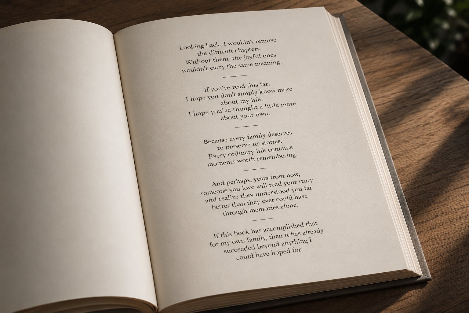 The final page of a memoir, resting open on a wooden table