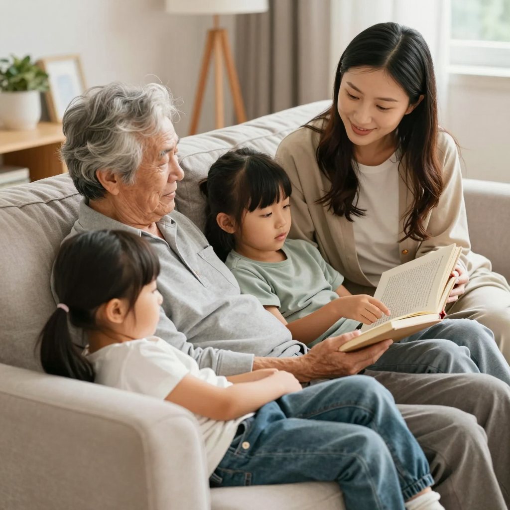 A grandfather reading aloud to his grandchildren — three generations sharing a story together
